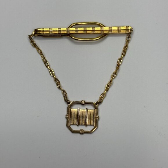 Vintage Swank Tie Clip Bar & Limp Chain Gold Antique USA Made - Picture 1 of 6